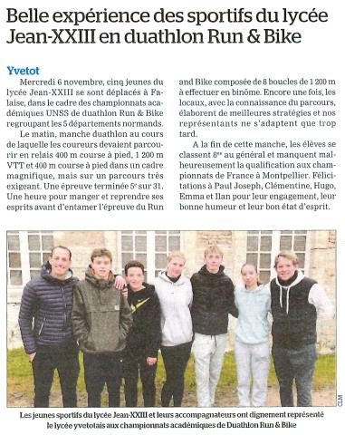 Belle expérience des sportifs du lycée en duathlon Run & Bike